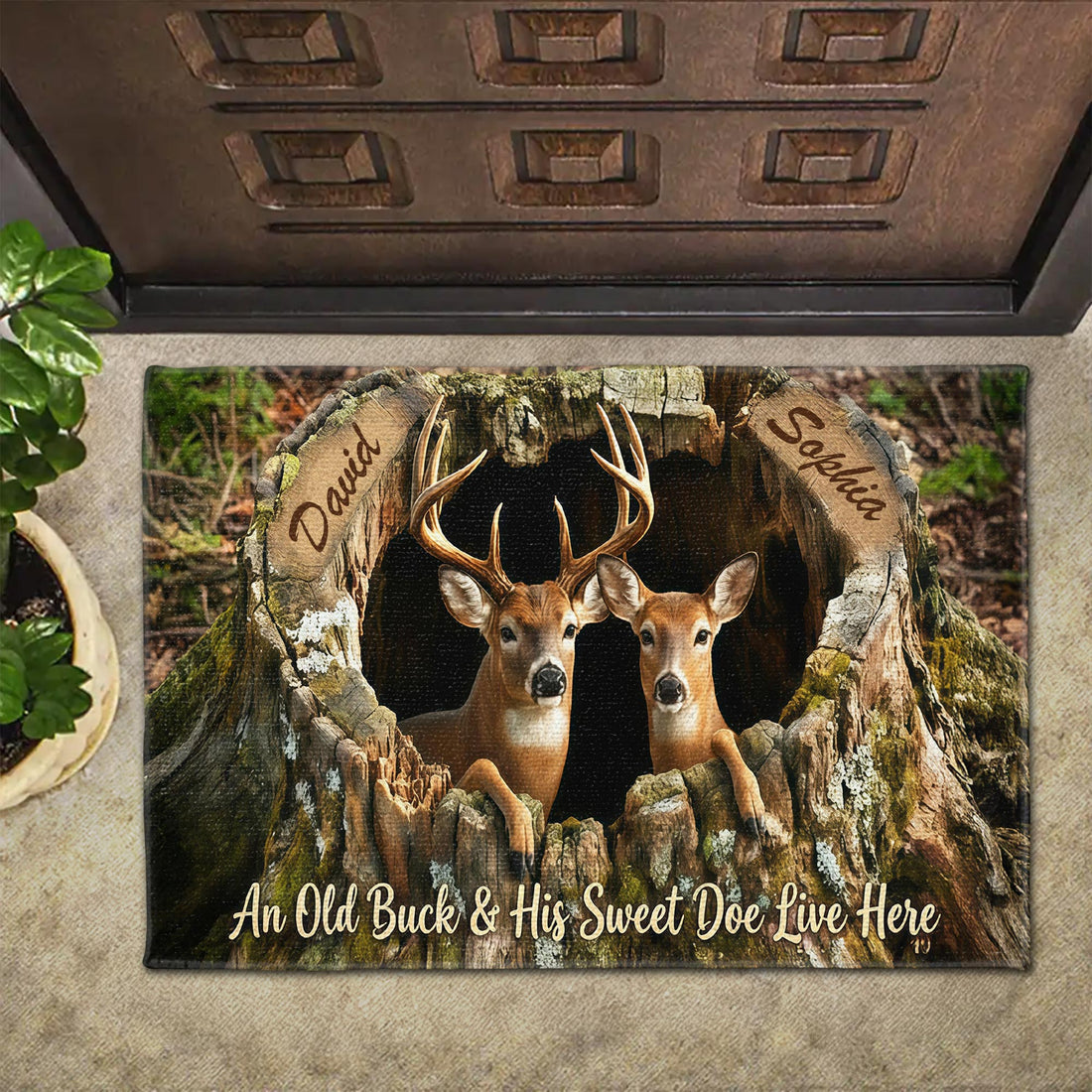 An Old Buck And His Sweet Doe Live Here - Personalized Doormat - Gift For Couples