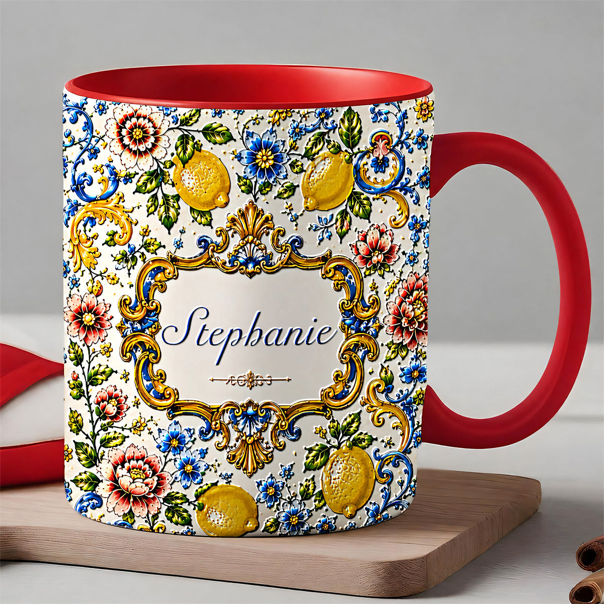 Mediterranean Style & Majolica Print Blue Lemon - Personalized 3D Accent Mug