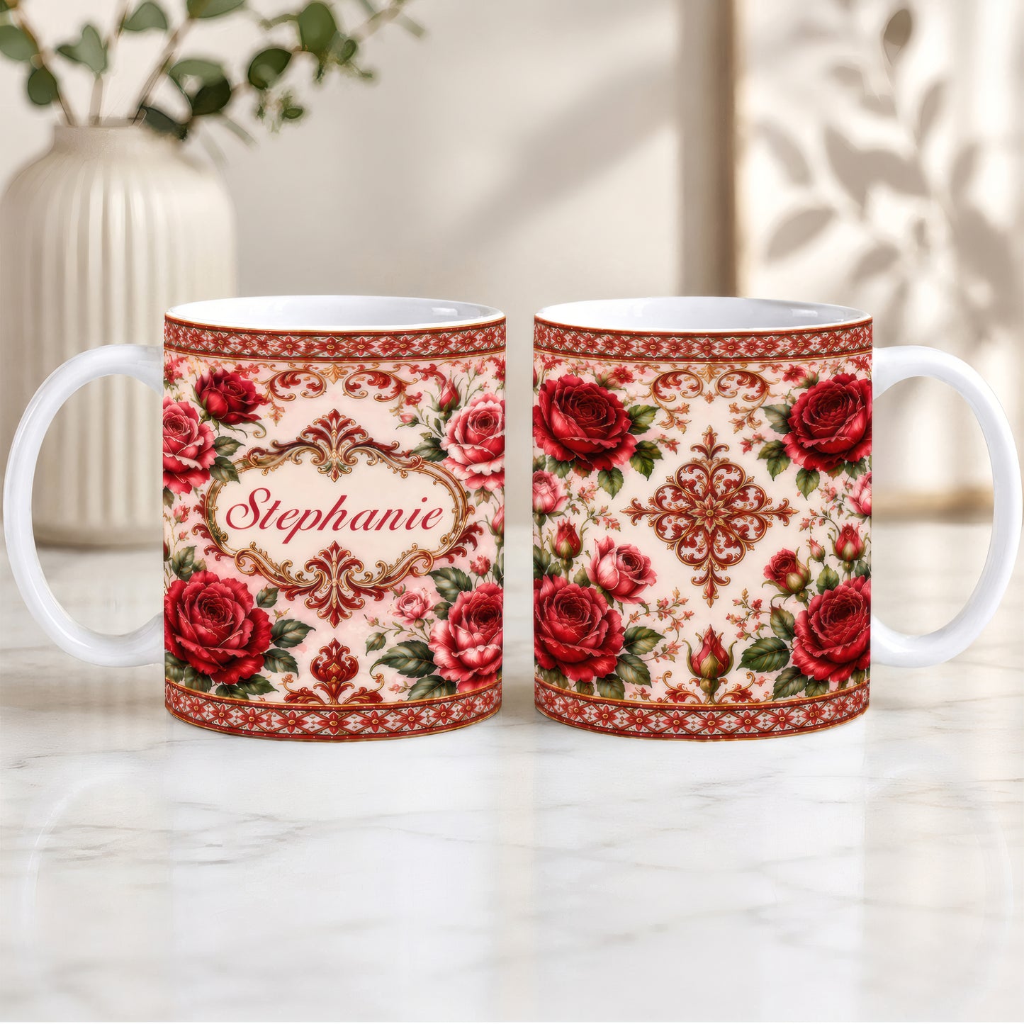 Mediterranean Style & Majolica Print Royal Red Rose - Personalized Accent Mug