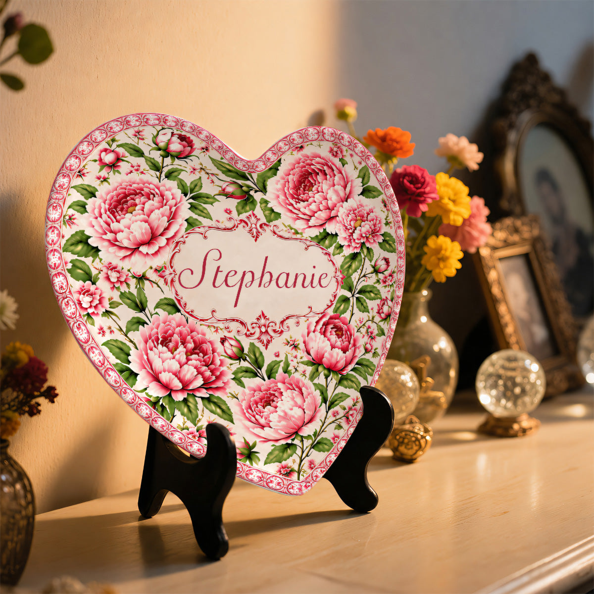 Charming Peony Paradise & Baroque Pattern - Personalized Heart Plate - Gift For Her, Bestie, Family Members