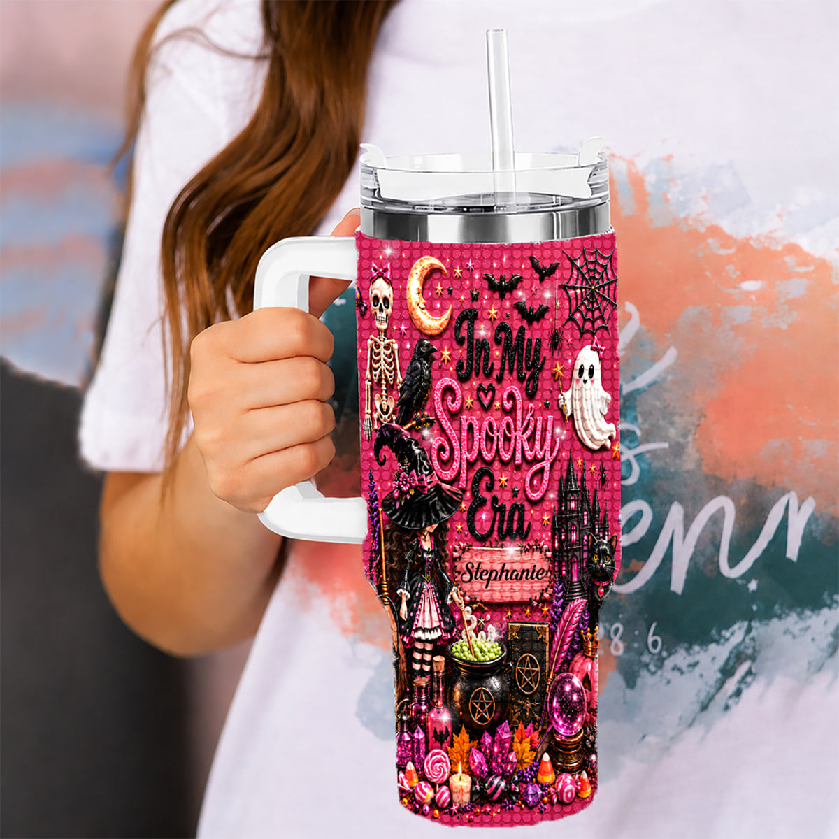 In My Spooky Era - Personalized Pink Halloween 40oz Rhinestone Tumbler With Straw