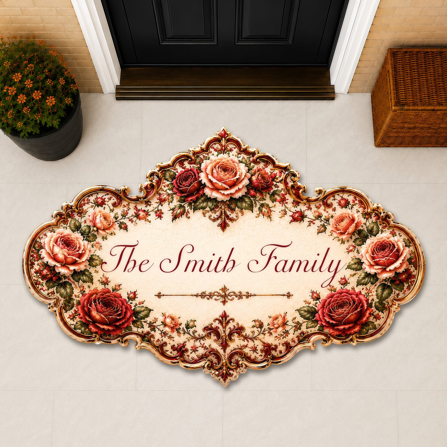 Mediterranean Style & Majolica Print Royal Red Rose - Personalized Custom Shaped Metal Sign