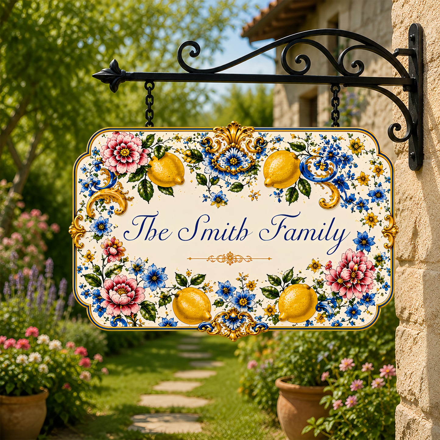 Mediterranean Style & Majolica Print Blue Lemon - Personalized Custom Shaped Metal Sign