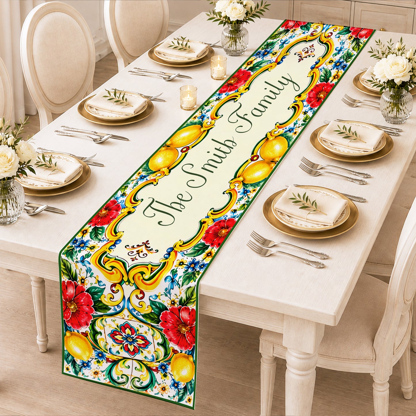 Mediterranean Style & Majolica Print La Dolce Vita - Personalized Table Runner