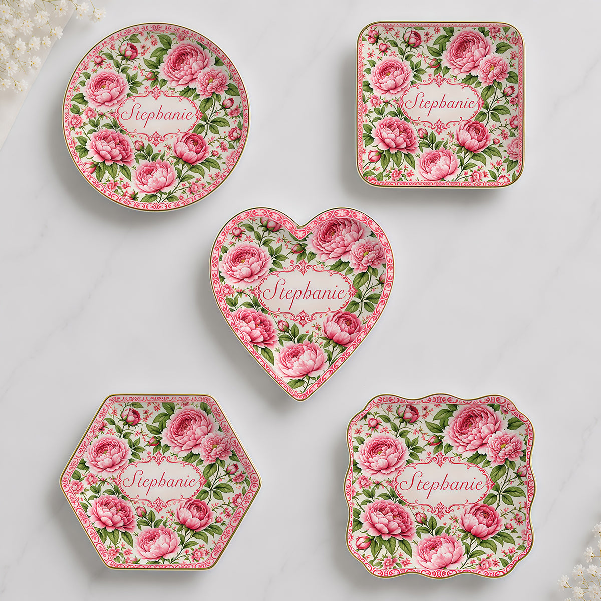 Charming Peony Paradise & Baroque Pattern - Personalized Jewelry Dish - Gift For Her, Bestie, Family Members