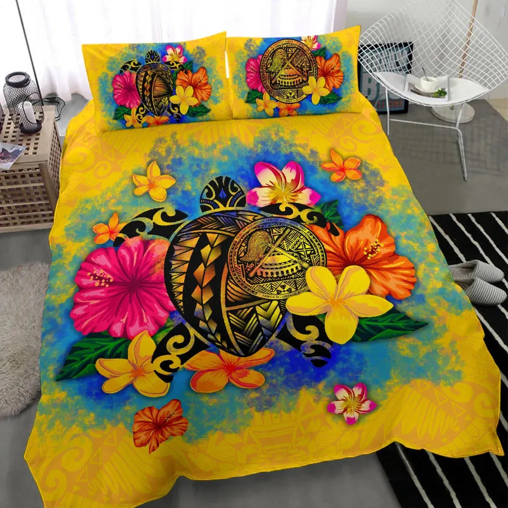 American Samoa Polynesian Bedding Set - Turtle With Plumeria And Hibiscus-Myprintsy