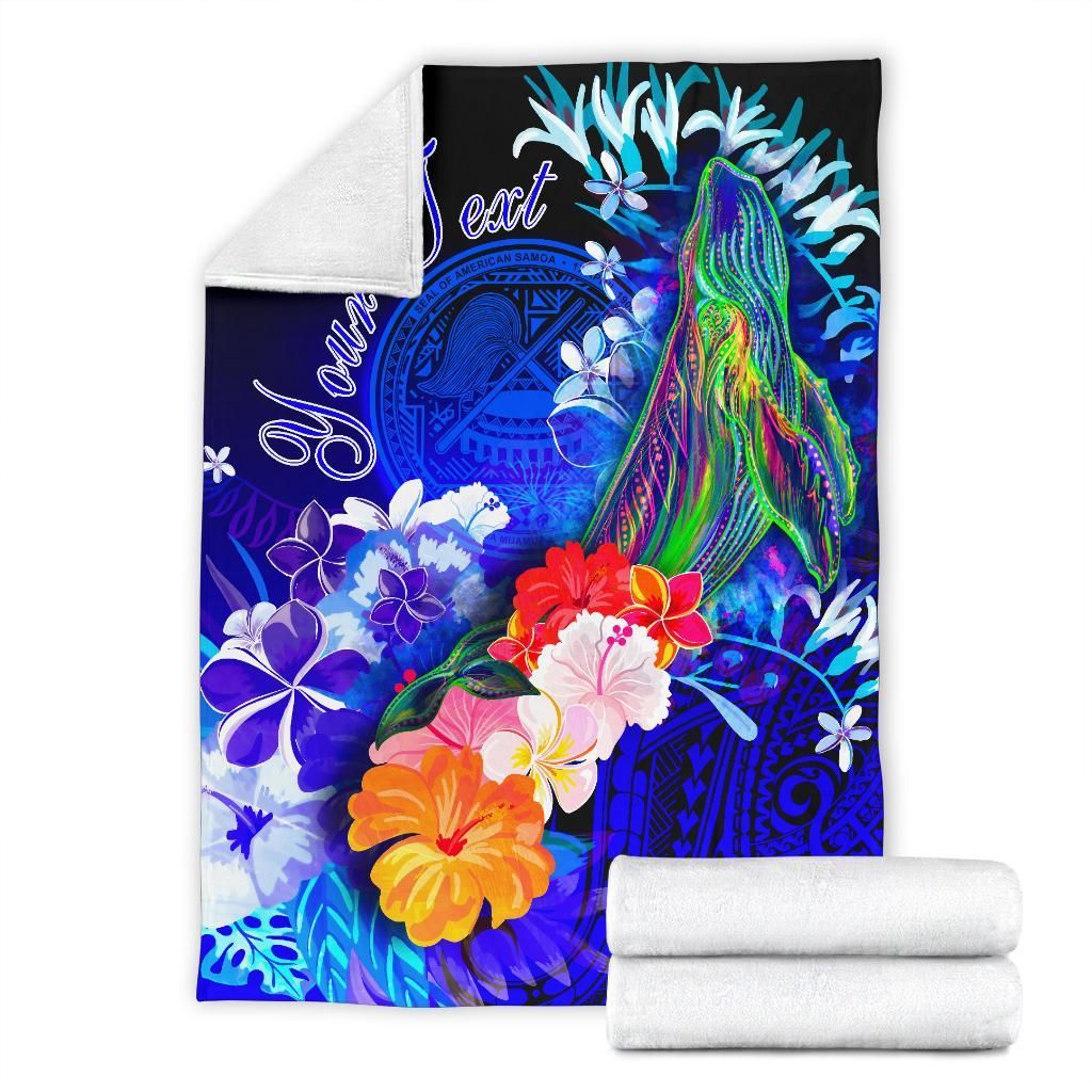 American Samoa Polynesian Custom Personalised Premium Blanket - Humpback Whale with Tropical Flowers-Myprintsy