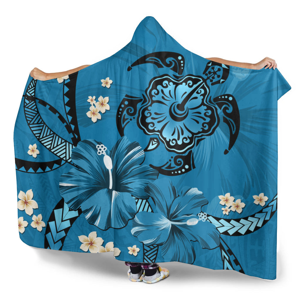 Hawaii Hooded Blanket Blue Honu Hibiscus Island Harmony