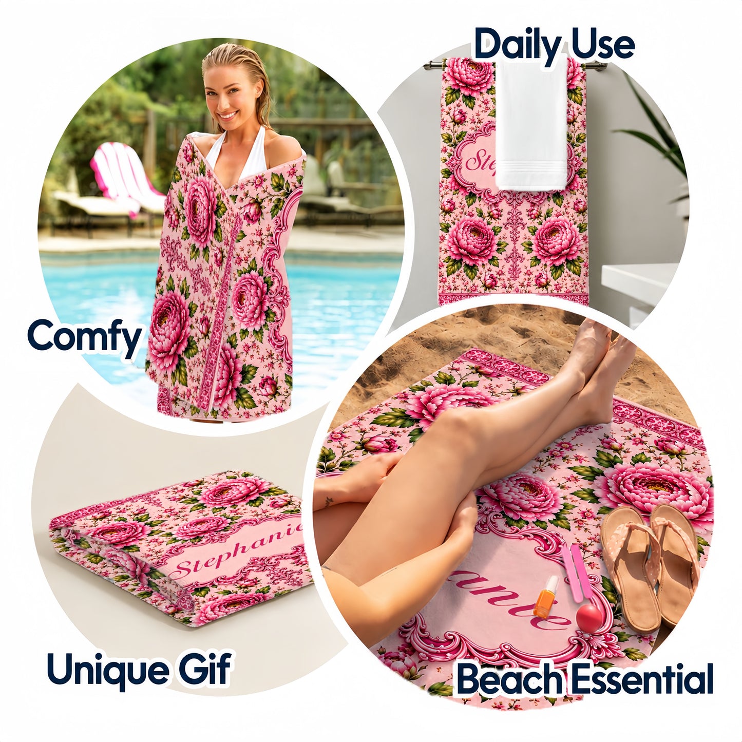Charming Peony Paradise & Baroque Pattern - Personalized Beach Towel-Myprintsy