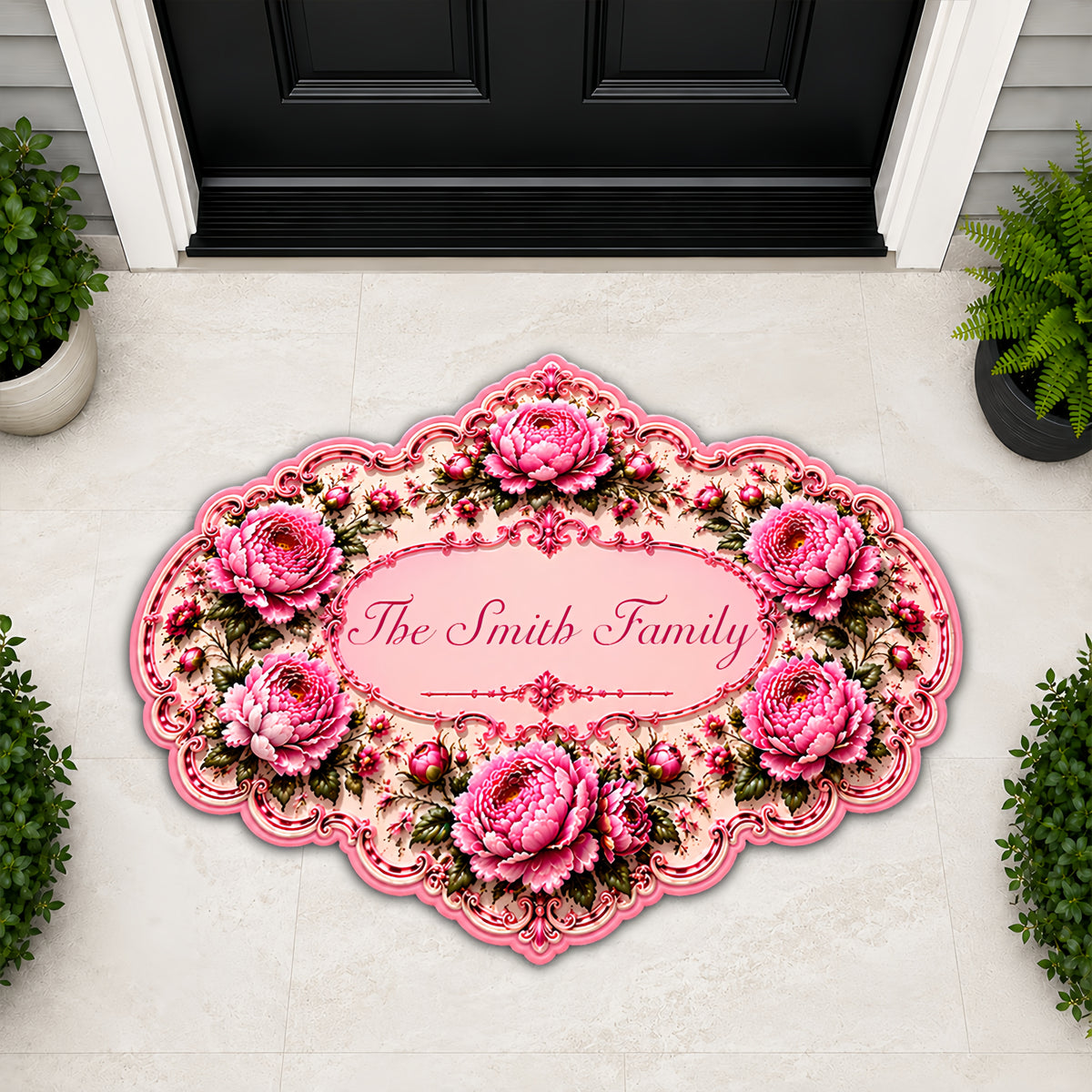 Charming Peony Paradise & Baroque Pattern - Personalized Shaped Luxurious Doormat-Myprintsy