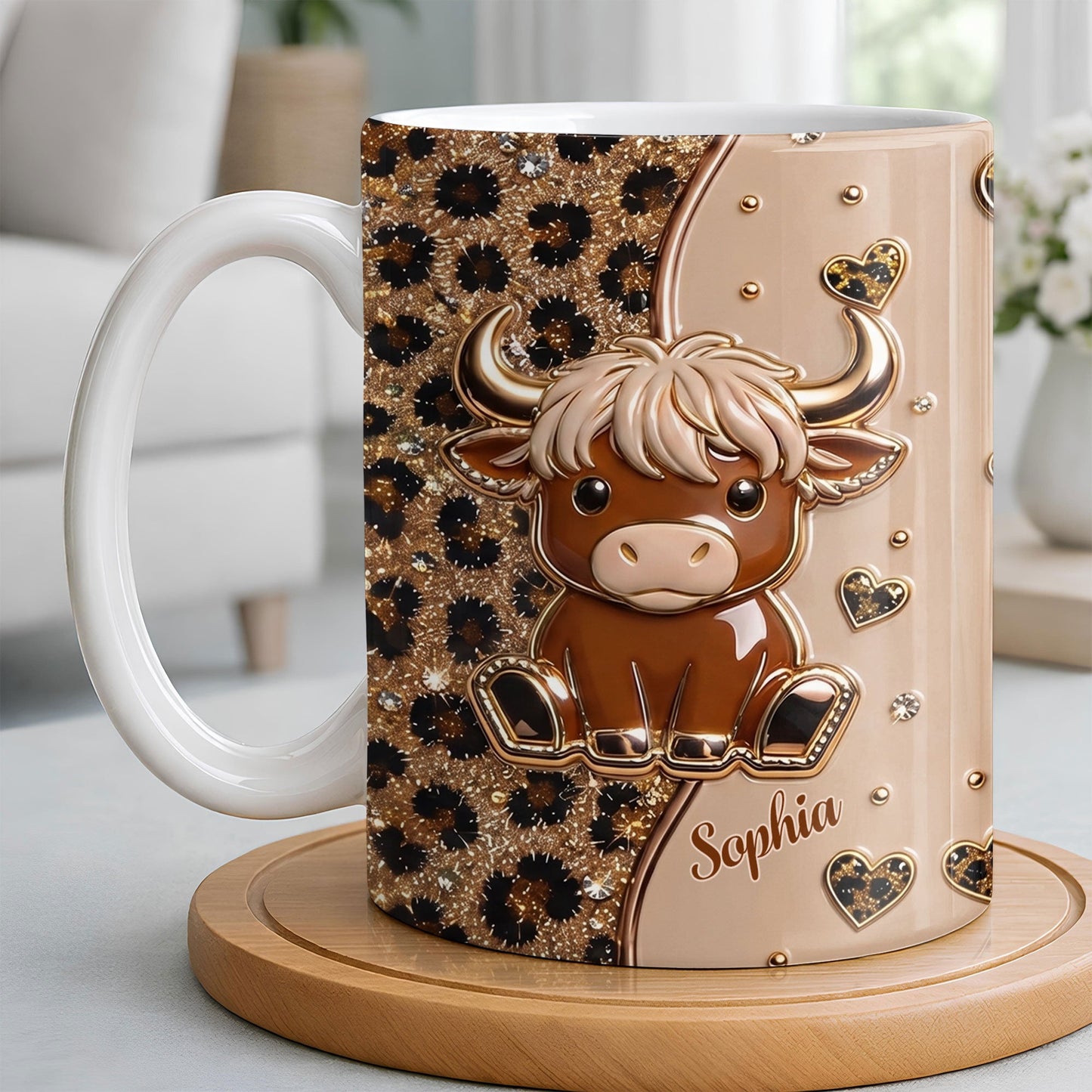 Cute Baby Highland Cow Leopard Hearts - Personalized Ceramic Mug