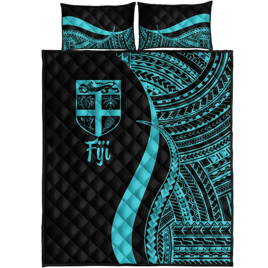 Fiji Quilt Bed Set - Turquoise Polynesian Tentacle Tribal Pattern-Myprintsy