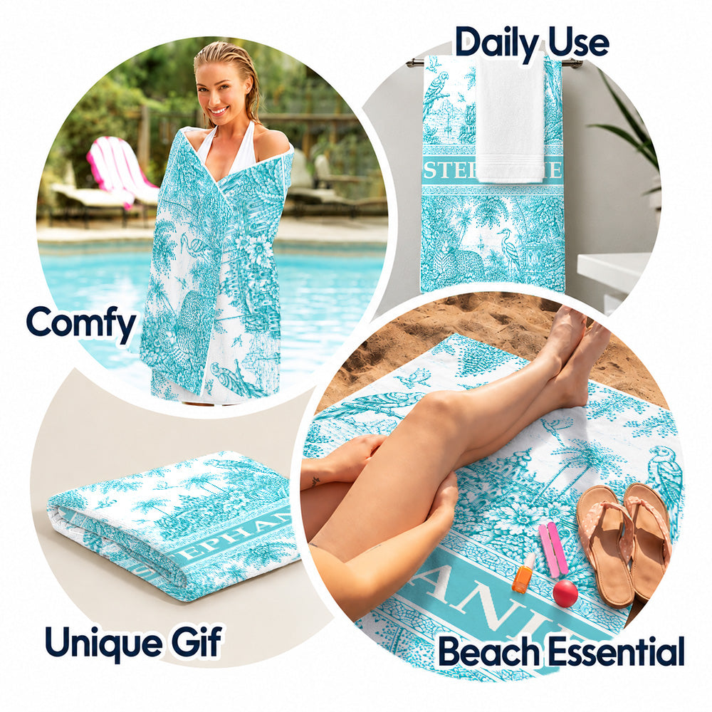 French Riviera Collection & Toile De Jouy Pattern Aquamarina - Personalized Beach Towel-Myprintsy