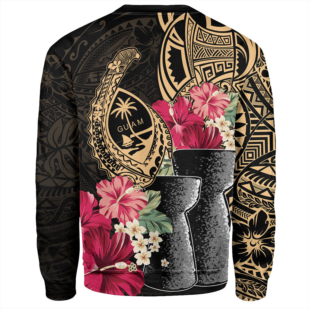 Guam Sweatshirt Black Latte Stone With Hibiscus Flower Tribal