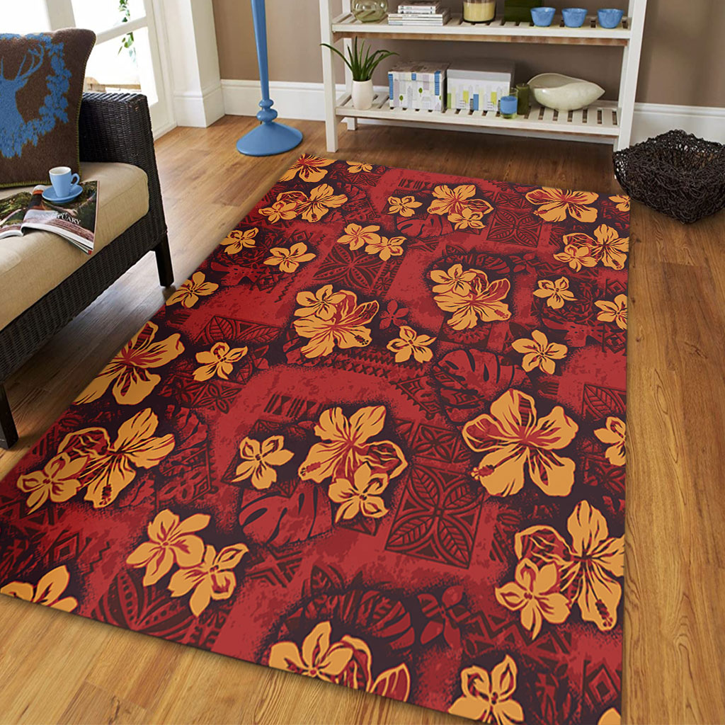 Hawaii Area Rug Polynesian Tribal And Hibiscus Vintage Red Gold-Myprintsy