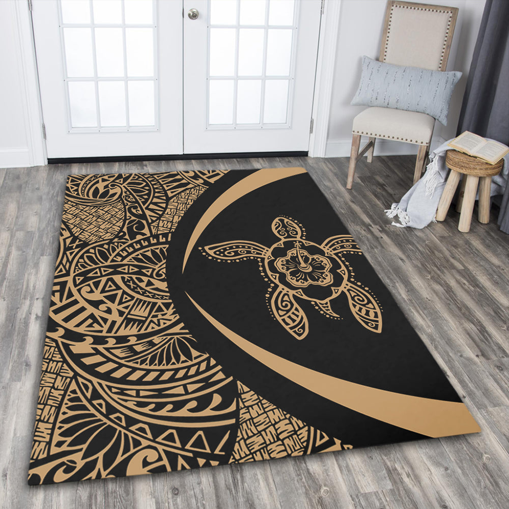 Hawaii Area Rug Turtle Hibiscus Lauhala Black Gold Circle-Myprintsy