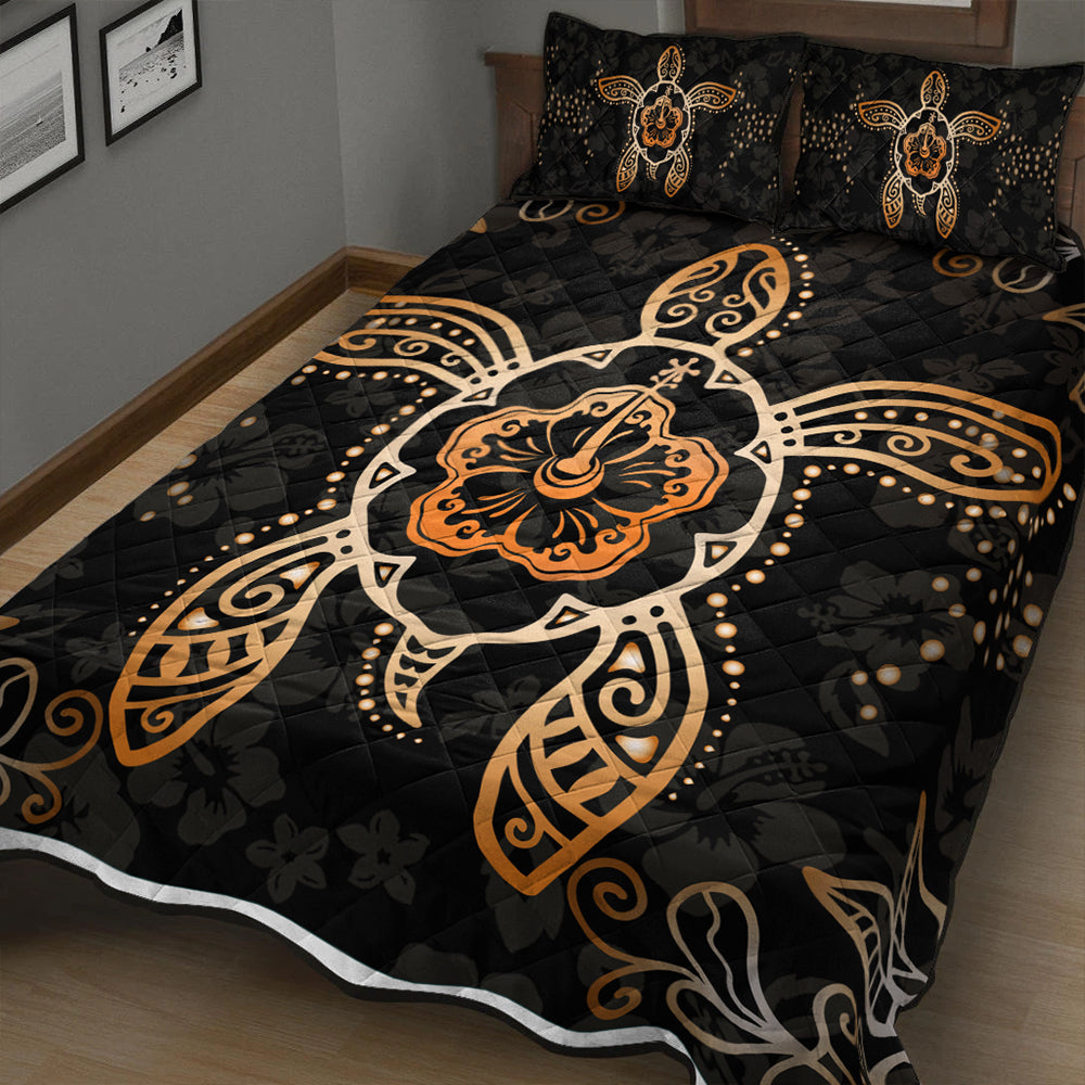 Hawaii Quilt Bed Set Turtle Hibiscus Orange