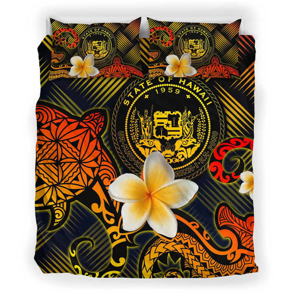 Hawaii Polynesian Bedding Set - Lauhala Turtle Plumeria Tropical