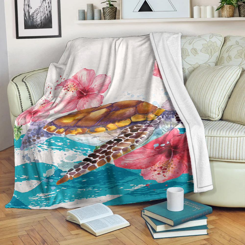 Hawaii Premium Blanket Turtle Hibiscus Waves Polynesian-Myprintsy