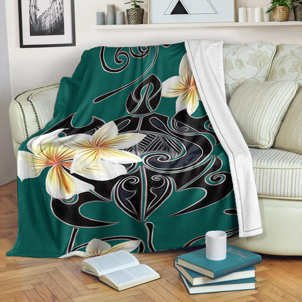 Hawaii Premium Blanket Turtle Poly Trinal Plumeria Turquoise-Myprintsy