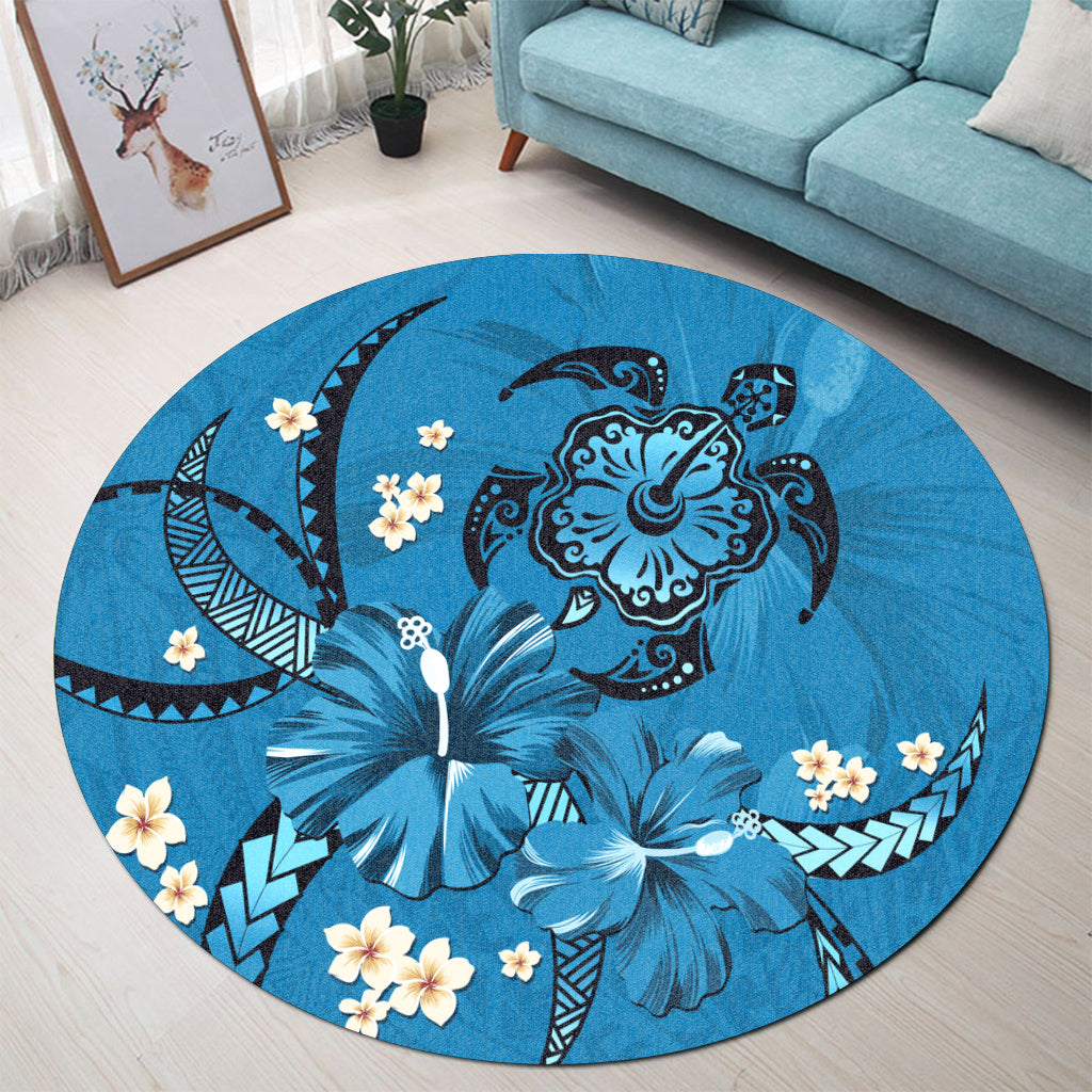 Hawaii Round Rug Blue Honu Hibiscus Island Harmony