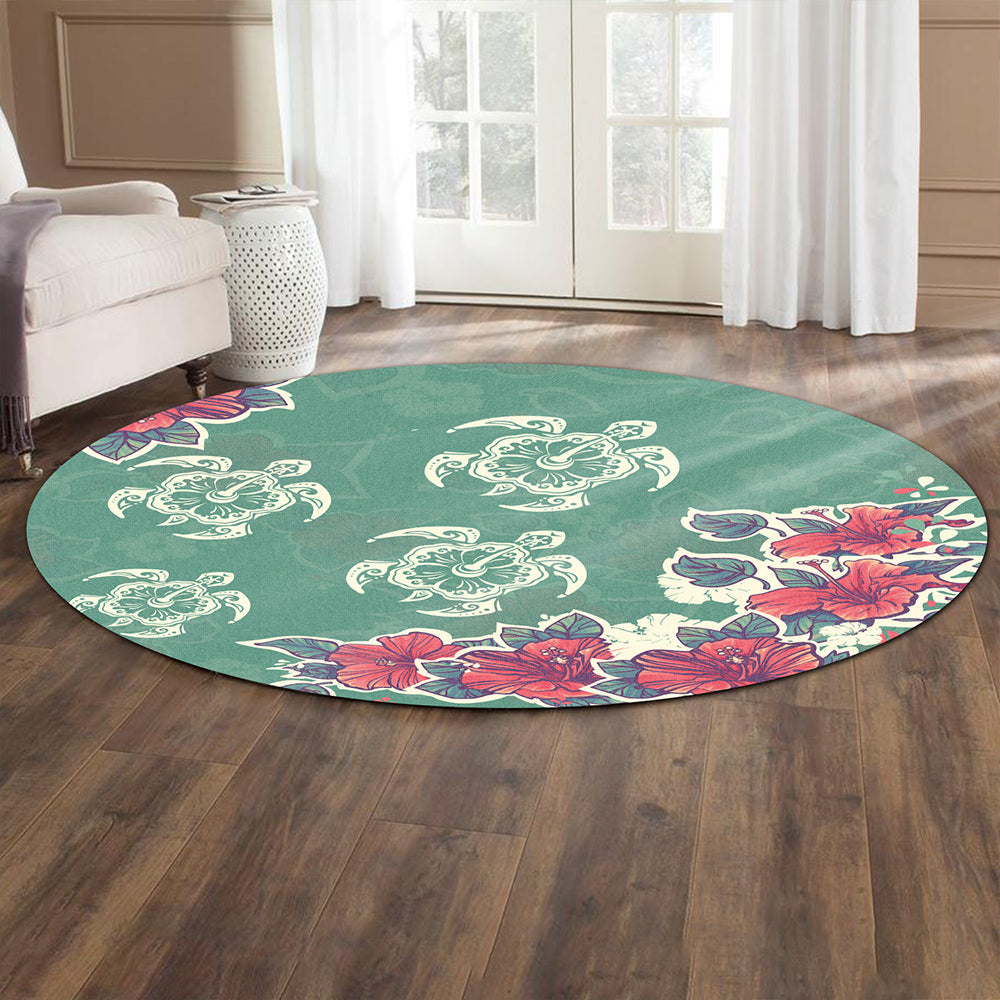 Hawaii Round Rug Turtle Hibiscus Summer