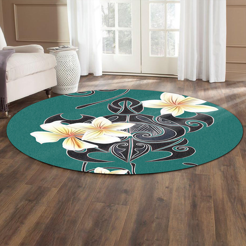Hawaii Round Rug Turtle Poly Trinal Plumeria Turquoise-Myprintsy