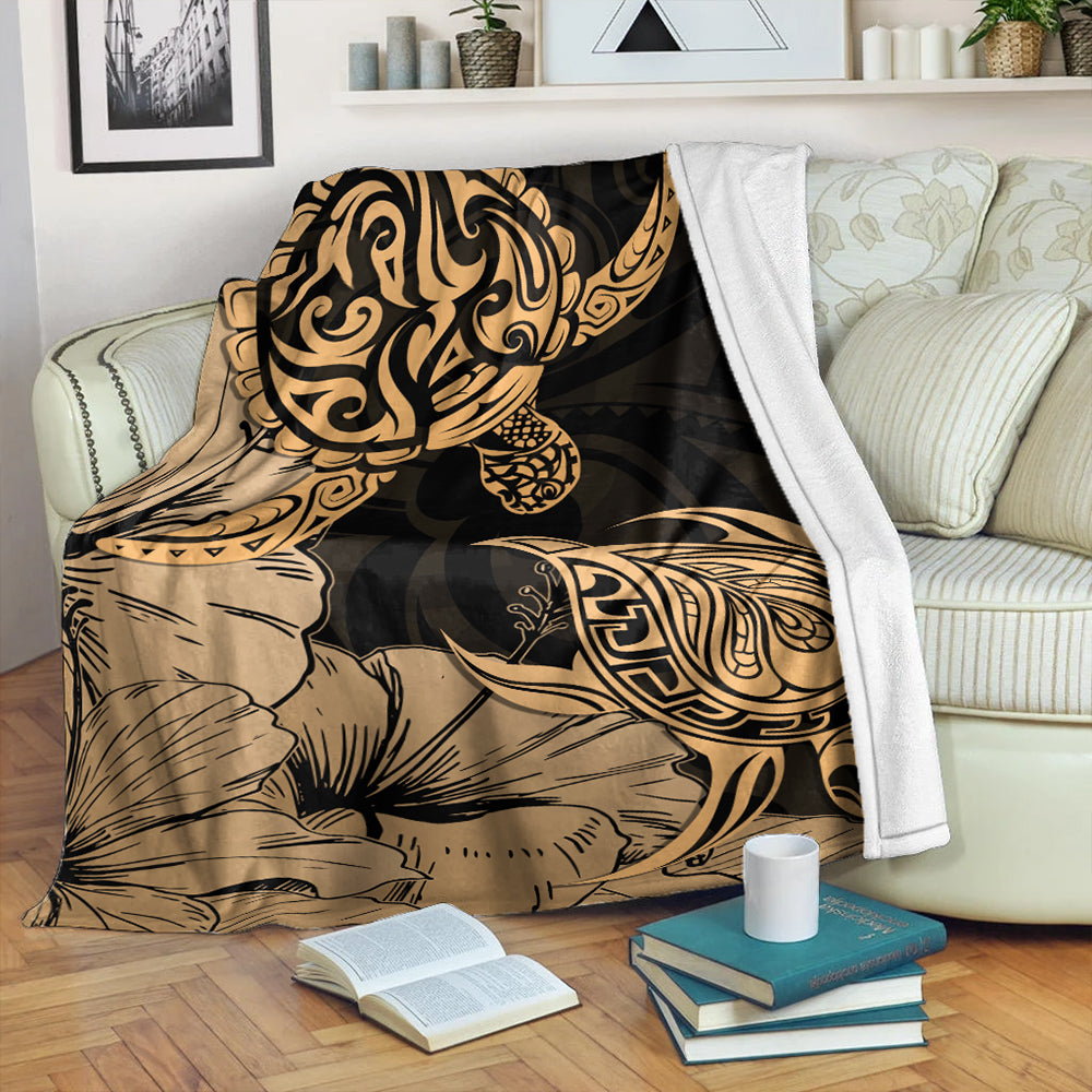 Hawaii Turtle Premium Blanket Polynesian Hibiscus Art Gold-Myprintsy