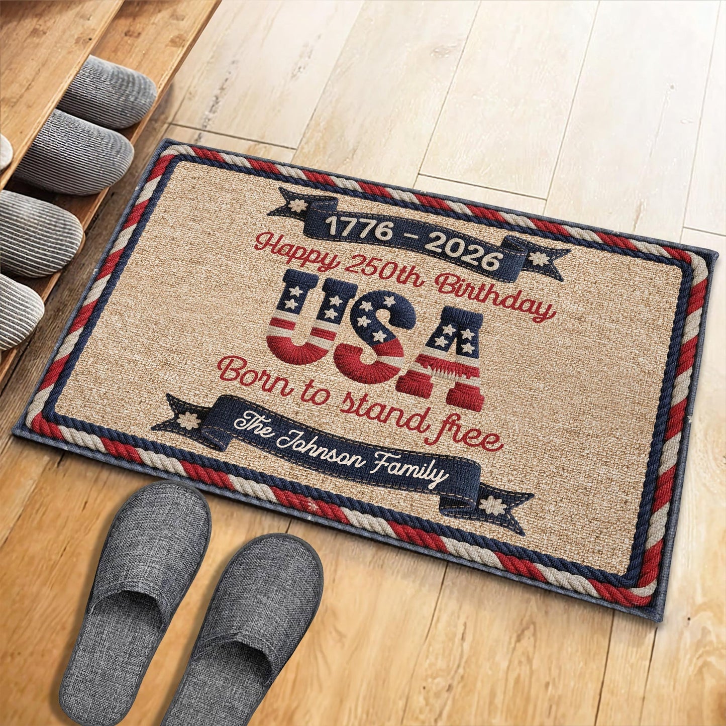 Happy 250th Birthday Born To Stand Free - Personalized Doormat - Gift For Family and Patriots