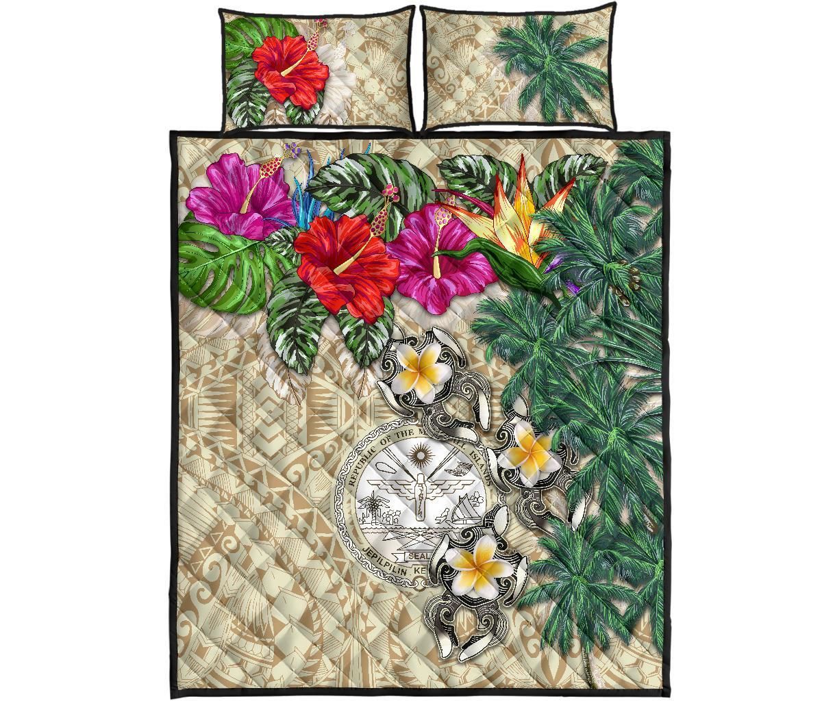 Marshall Islands Polynesian Quilt Bed Set - Hibiscus Turtle Tattoo Beige-Myprintsy