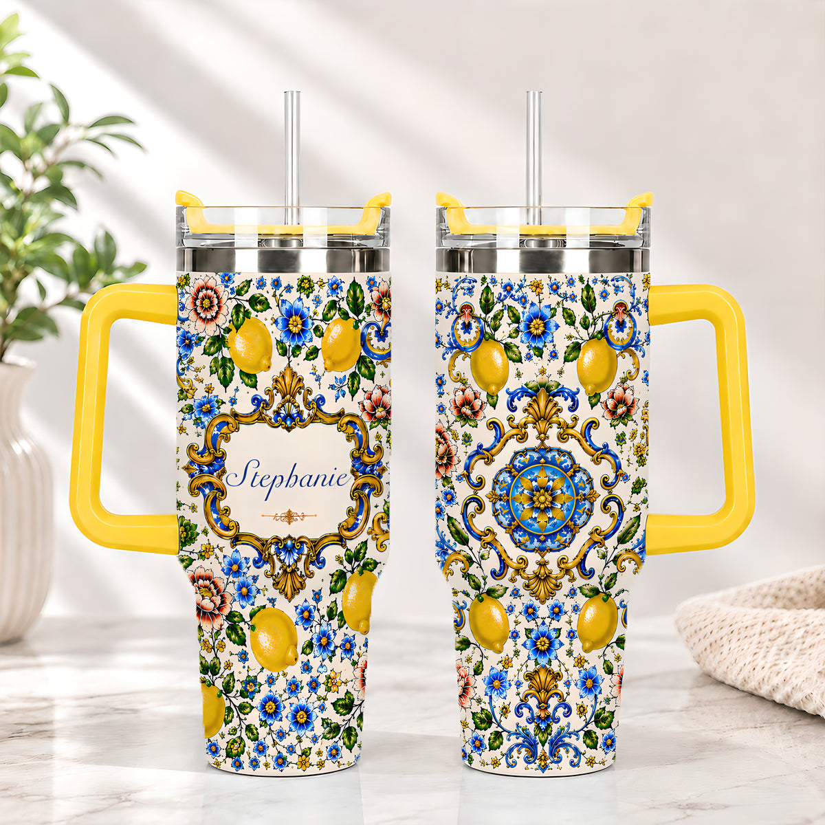 Mediterranean Style & Majolica Print Blue Lemon - Personalized 40oz Tumbler With Straw-Myprintsy