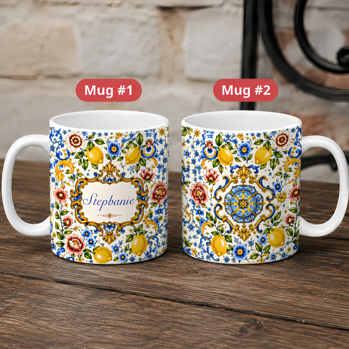 Mediterranean Style & Majolica Print Blue Lemon - Personalized Accent Mug-Myprintsy