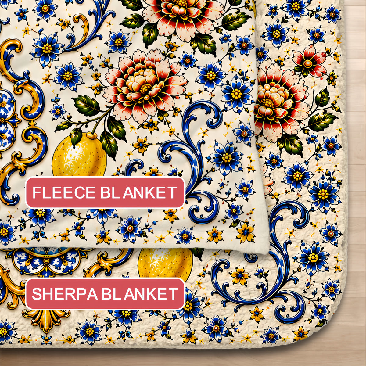 Mediterranean Style & Majolica Print Blue Lemon - Personalized Blanket-Myprintsy