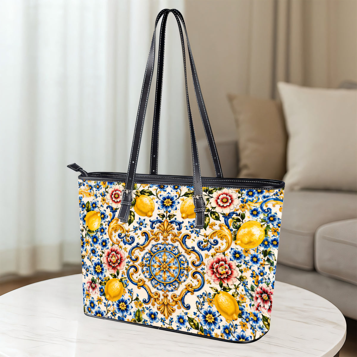 Mediterranean Style & Majolica Print Blue Lemon - Personalized Leather Bag & Wallet Set-Myprintsy