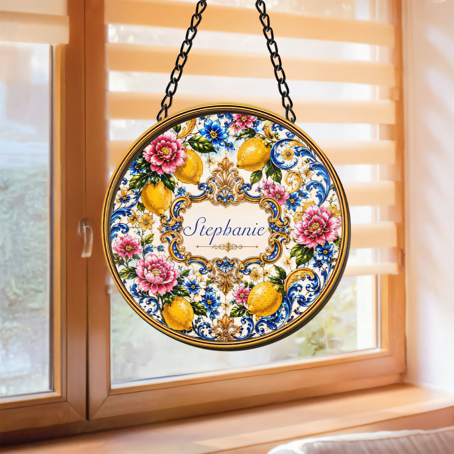 Mediterranean Style & Majolica Print Blue Lemon - Personalized Window Hanging Suncatcher Ornament - Gift For Home Decor-Myprintsy