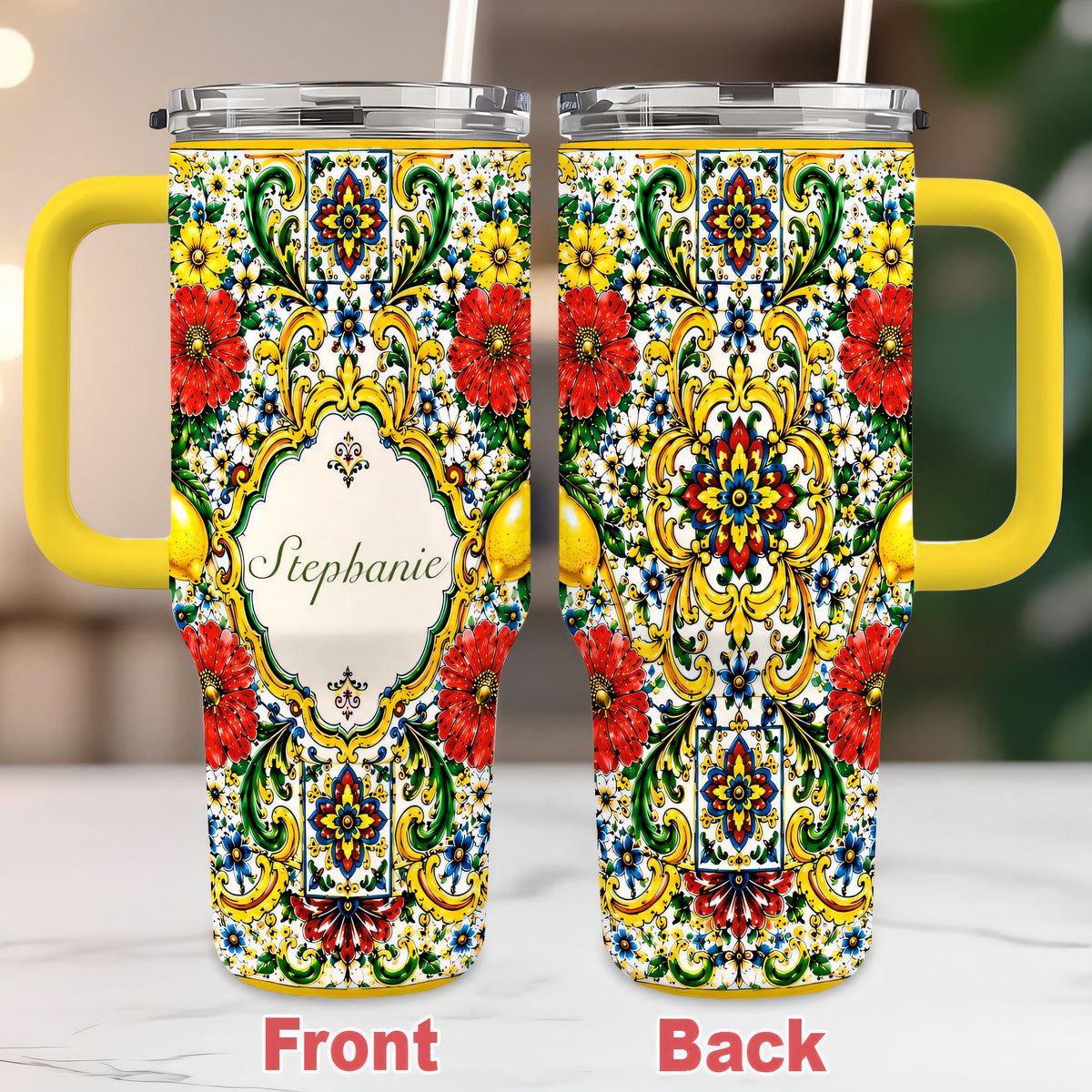 Mediterranean Style & Majolica Print La Dolce Vita - Personalized 40oz Tumbler With Straw-Myprintsy