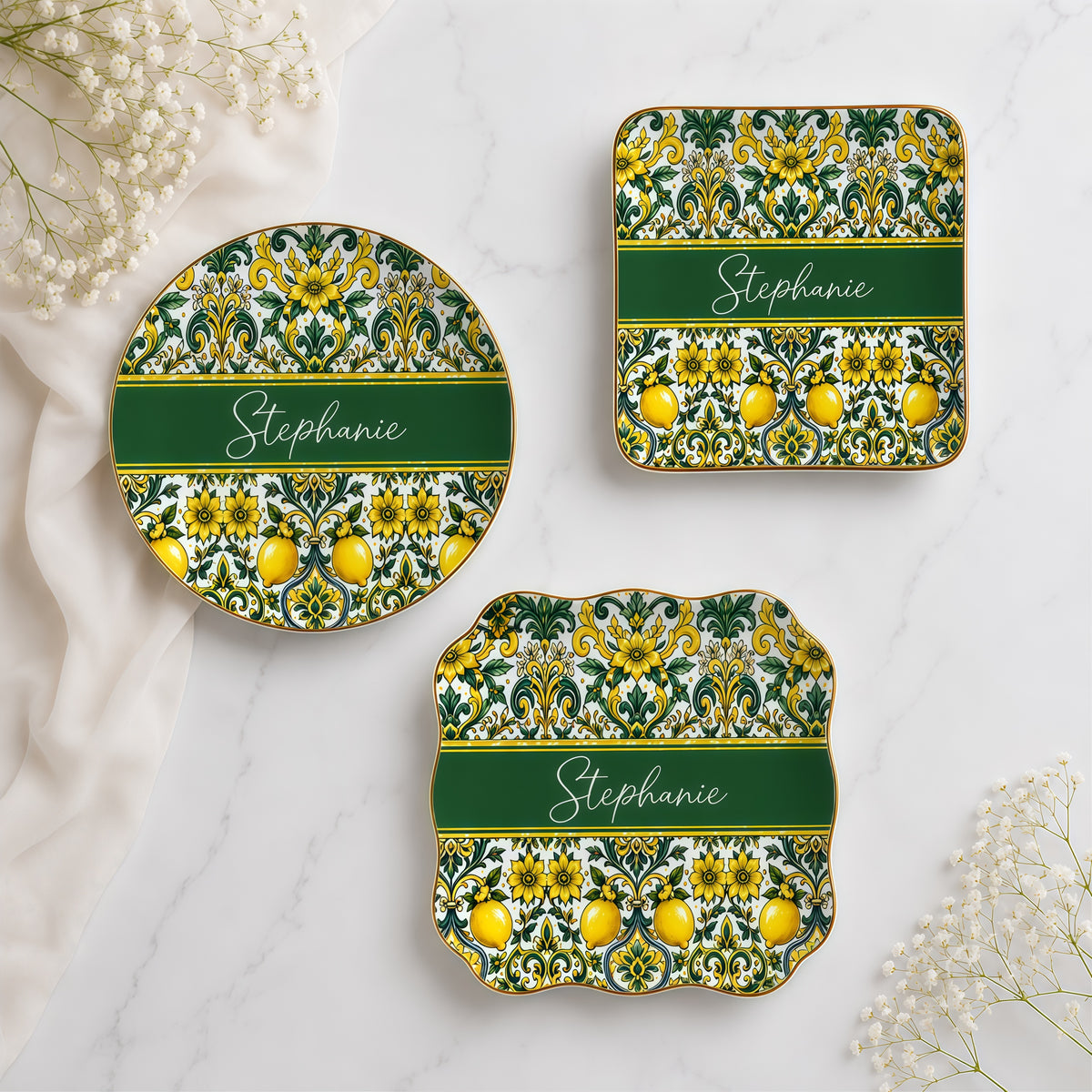 Mediterranean Style & Majolica Print Sun-Kissed Limoncello - Personalized Jewelry Dish-Myprintsy