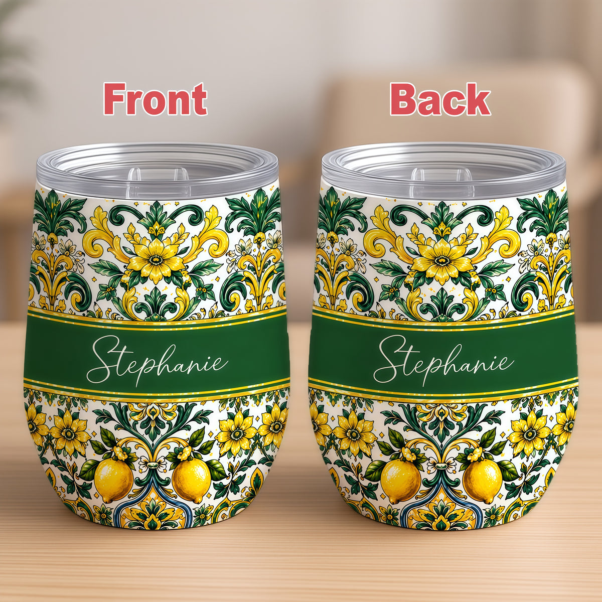 Mediterranean Style & Majolica Print Sun-Kissed Limoncello - Personalized Wine Tumbler-Myprintsy