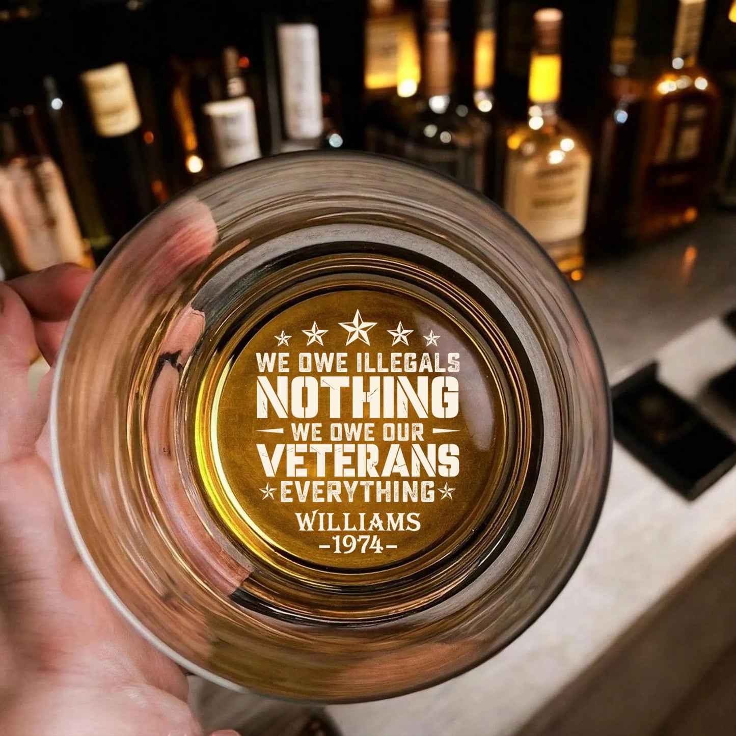 Patriotic Veteran Tribute Glass Ashtray - Personalized Engraved Whiskey Glass