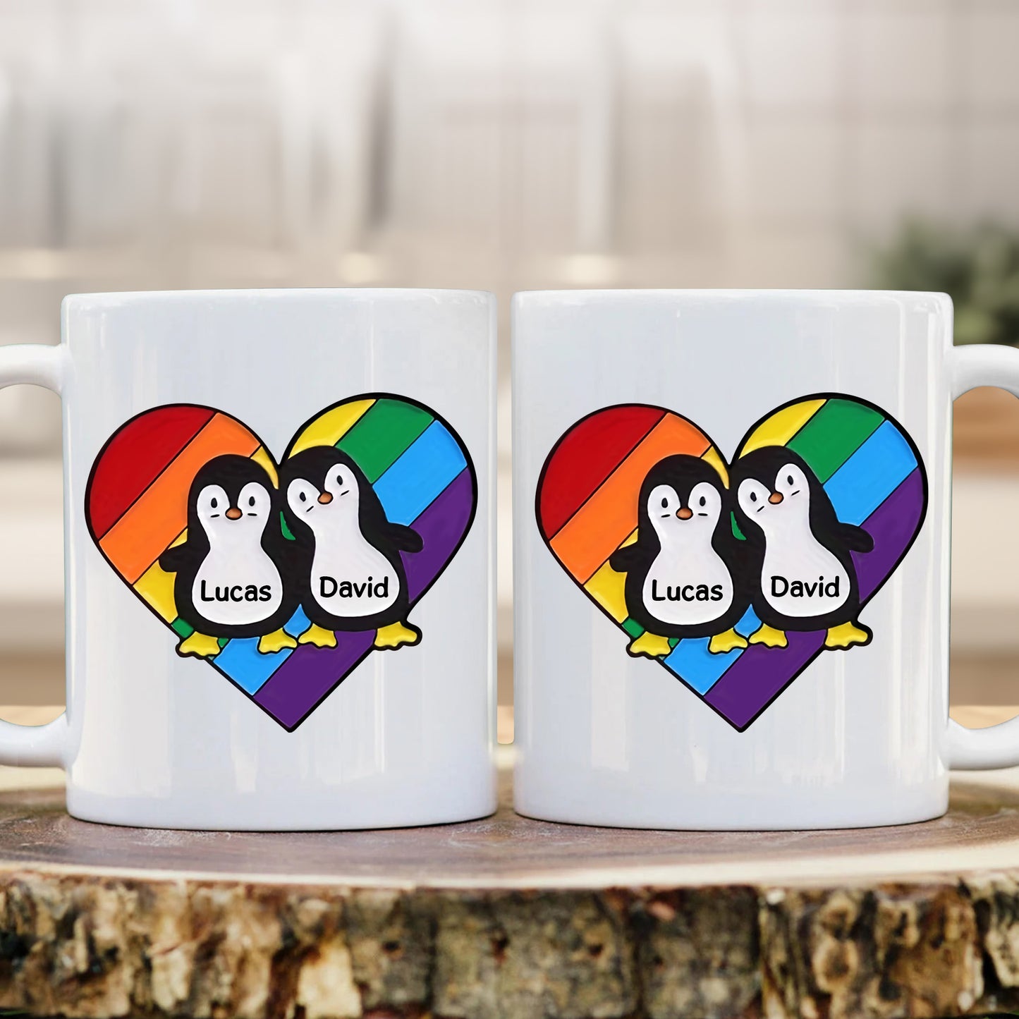 Rainbow Heart Pride Penguins - Personalized Mug