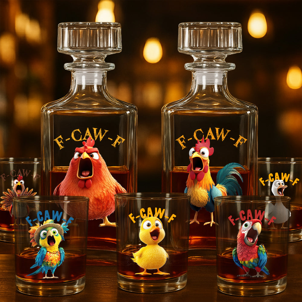 Funny Whiskey Glass - F-Caw-F Crow Joke - Gift For Family Members, Coworkers, Friends - Personalized Combo Whiskey Glass + Decanter