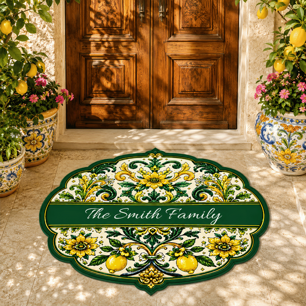 Mediterranean Style & Majolica Print Sun-Kissed Limoncello - Personalized Shaped Luxurious Doormat