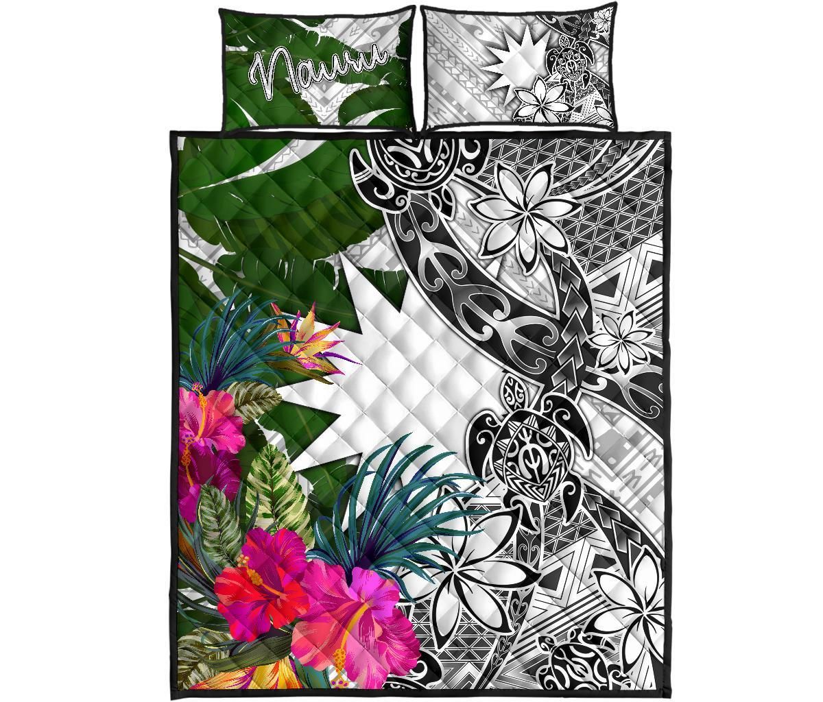 Nauru Quilt Bed Set White - Turtle Plumeria Banana Leaf-Myprintsy