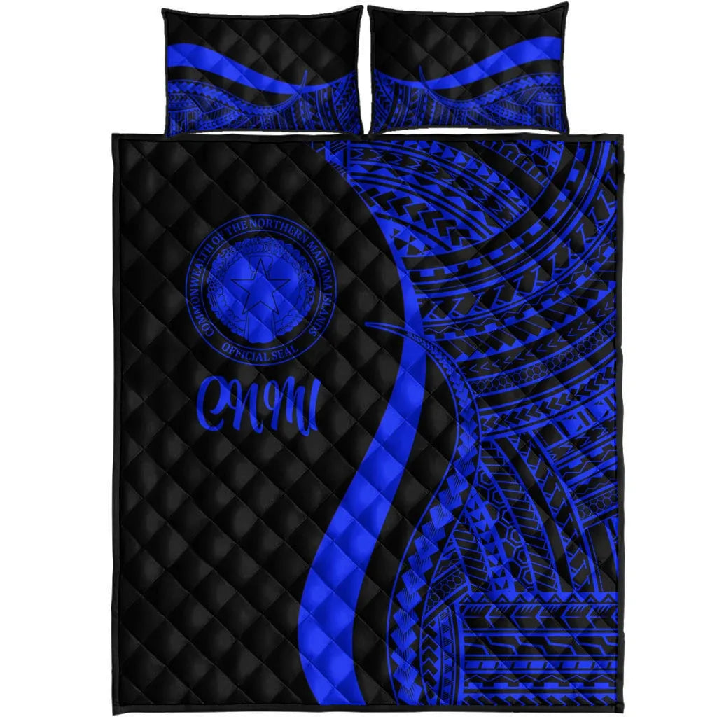 Northern Mariana Islands Quilt Bed Set - Blue Polynesian Tentacle Tribal Pattern