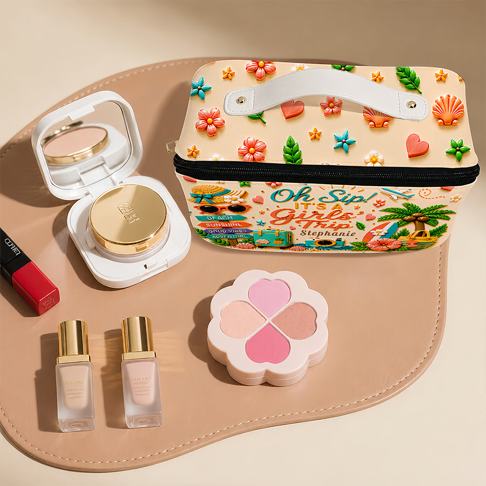 Oh Sip! It's a Girls' Trip - Personalized Girls' Trip Leather Makeup Bag - Gifts For Girls Trip-Myprintsy