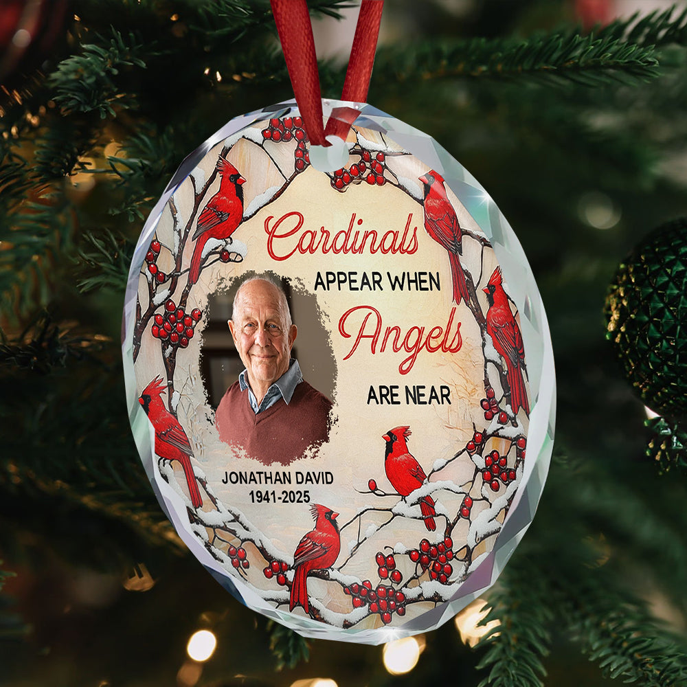 Cardinals appears when angels are near - Personalized Christmas Photo Circle Glass Ornament