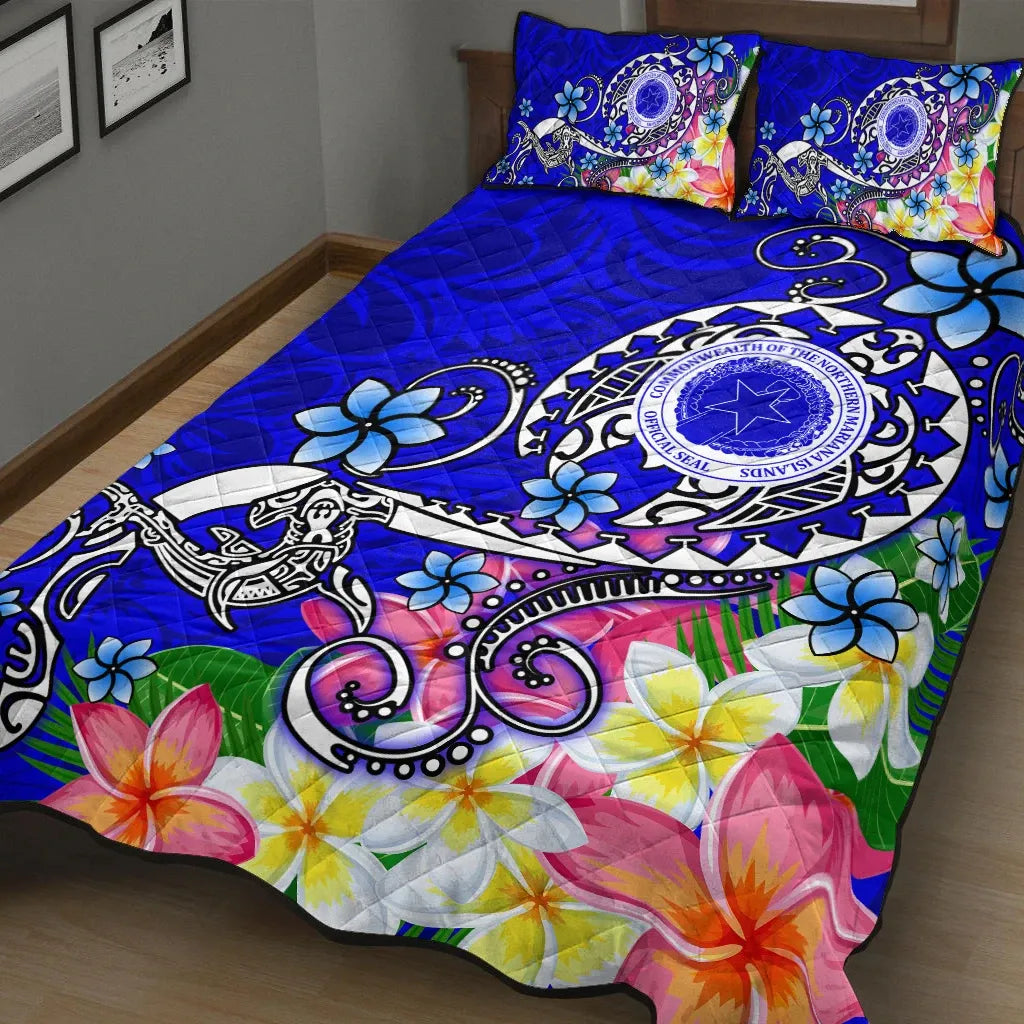 CNMI Quilt Bed Set - Turtle Plumeria (Blue)