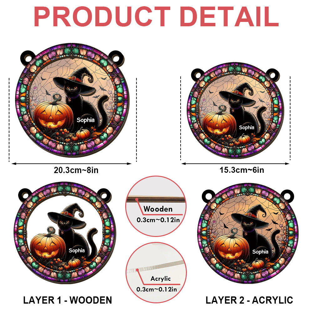 Black Cat And Pumpkin - Personalized Window Hanging Suncatcher