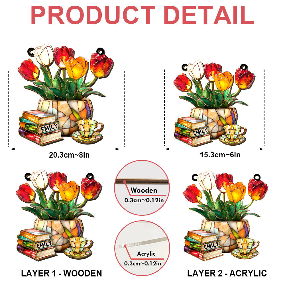 Book Pile and Elegant Tea - Gift For You, Book Lovers, Family Members - Personalized Window Hanging Suncatcher