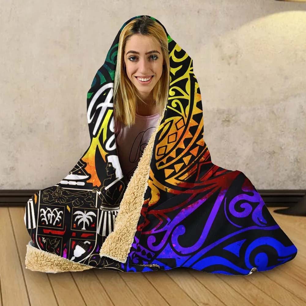 Fiji Hooded Blanket - Rainbow Polynesian Pattern Crest